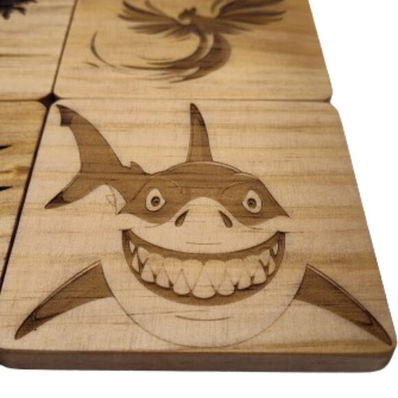 4" Wood Engraved Coasters. The Phoenix, Bird of Paradise, Shark, Tropical Island - Picture 2 of 8